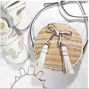 NWT Patricia Nash white leather Ebbe woven straw circle crossbody purse bag